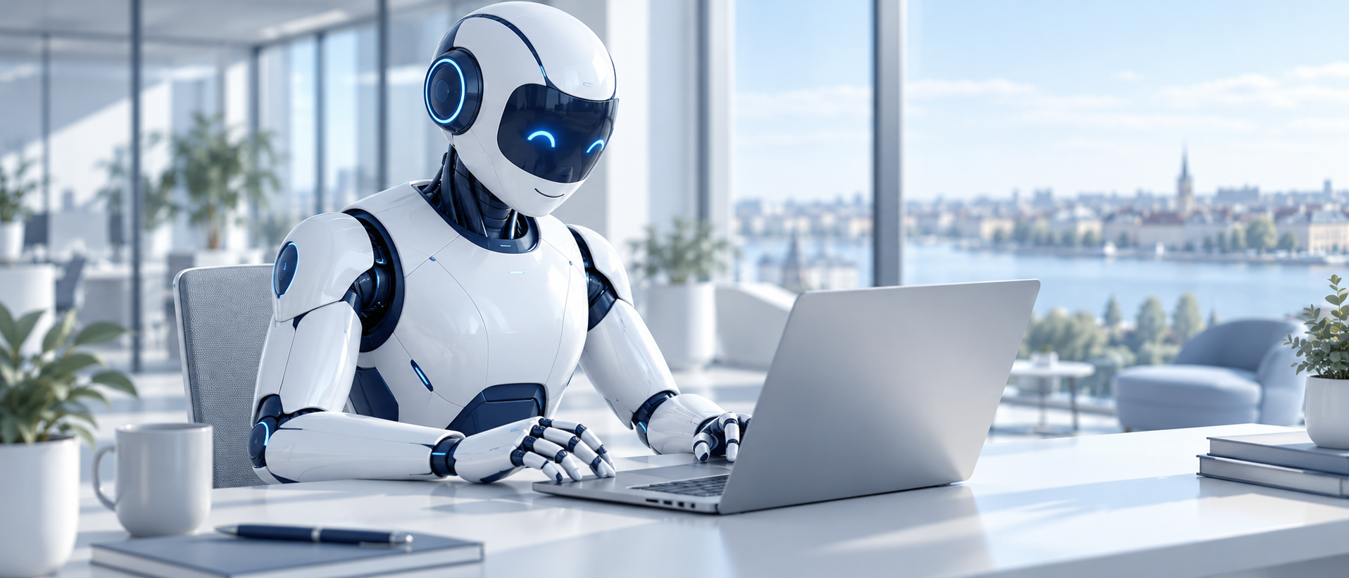 AI-robotti selaa tietokonetta. Tekoälyblogin kuvituskuva
